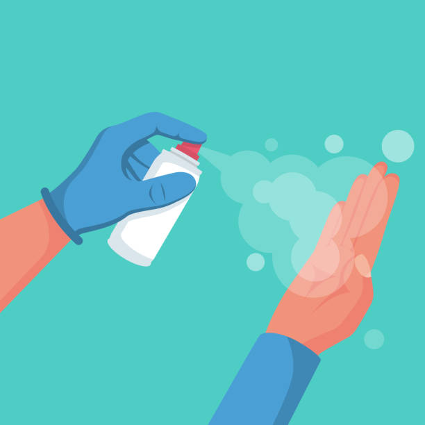 Human uses antibacterial spray. Personal hygiene concept. Human uses antibacterial spray. Personal hygiene concept. Preventive coronavirus Covid-19. Protection against bacteria and germs. Hand wash the disinfectant. Spay bottle in hand. Vector flat design. hand water pump stock illustrations