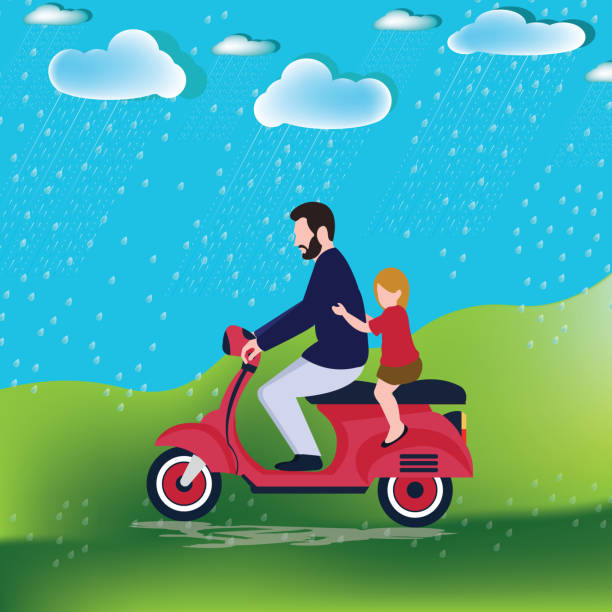 ilustrações de stock, clip art, desenhos animados e ícones de father and daughter riding scooter in the rain - adult autumn backgrounds beauty