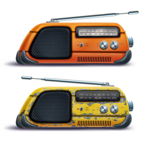 ilustraciones, imágenes clip art, dibujos animados e iconos de stock de antiguo receptor de radio naranja aislado sobre fondo blanco, grabadora de cinta retro amarilla. divertido dispositivo de música antigua vintage, sintonizador de audio, altavoz de sonido. ilustración digital vectorial. - radio old fashioned antique yellow