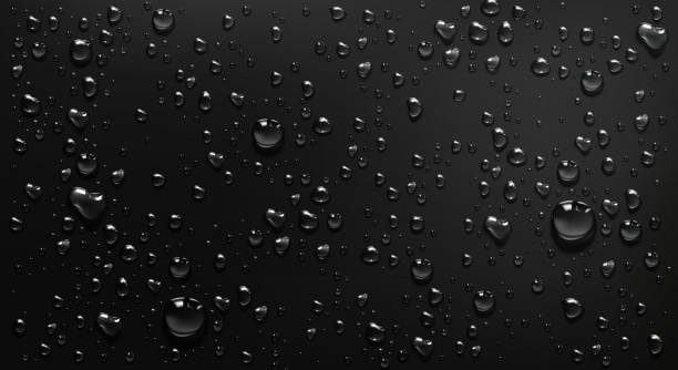 Condensation water drops on black glass background Condensation water drops on black glass background. Rain droplets with light reflection on dark window surface, abstract wet texture, scattered pure aqua blobs pattern Realistic 3d vector illustration rain patterns stock illustrations