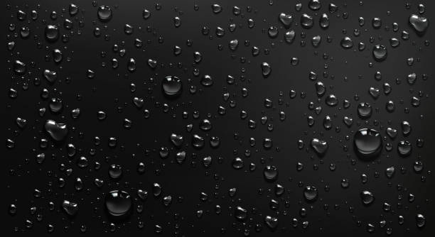 Condensation water drops on black glass background Condensation water drops on black glass background. Rain droplets with light reflection on dark window surface, abstract wet texture, scattered pure aqua blobs pattern Realistic 3d vector illustration water drop texture stock illustrations