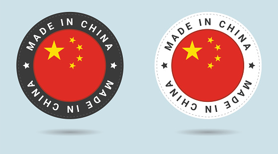 Set of two Chinese stickers. Made in China. Simple icons with flags.