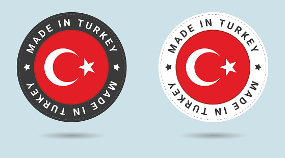 Set of two Turkish stickers. Made in Turkey. Simple icons with flags.