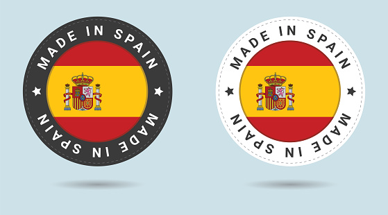 Set of two Spanish stickers. Made in Spain. Simple icons with flags.
