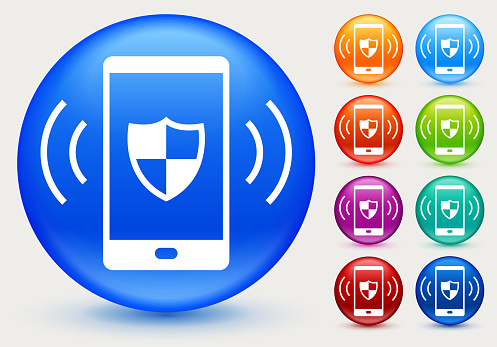 Cell Phone with Shield Icon. This 100% royalty free vector illustration is featuring a blue round button with a drop shadow and the main icon is depicted in white. There are eight more color variations included on the right side of the image.
