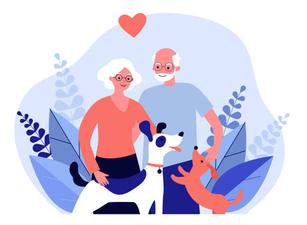 illustrazioni stock, clip art, cartoni animati e icone di tendenza di coppia senior felice con cani - senior adult senior couple grandparent retirement