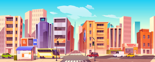 ilustrações, clipart, desenhos animados e ícones de rua da cidade com casas, estradas e carros - downtown district store building exterior facade