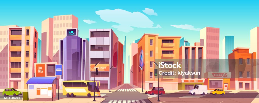 City Street With Houses Road And Cars Stock Illustration - Download Image  Now - Street, City, Car - iStock