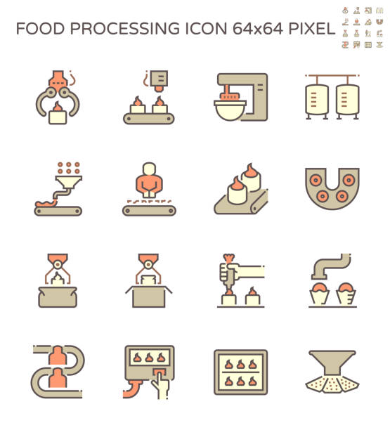 stockillustraties, clipart, cartoons en iconen met voedselverwerkende industrie bakkerij op productielijn vector icoon set ontwerp, 64x64 pixel perfecte en bewerkbare slag. - control room