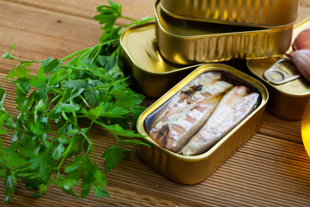 istock Preserved mackerel fish on wooden table 1248136286