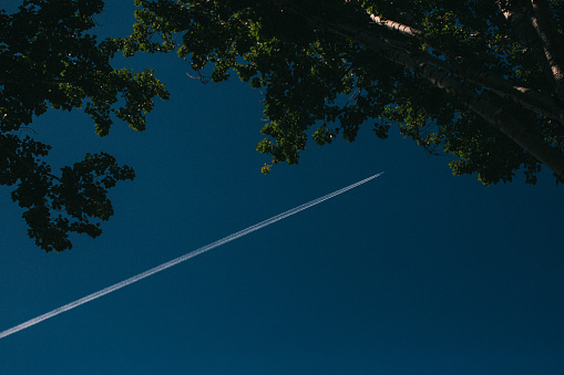 Sky landscape marked by lines of airplanes