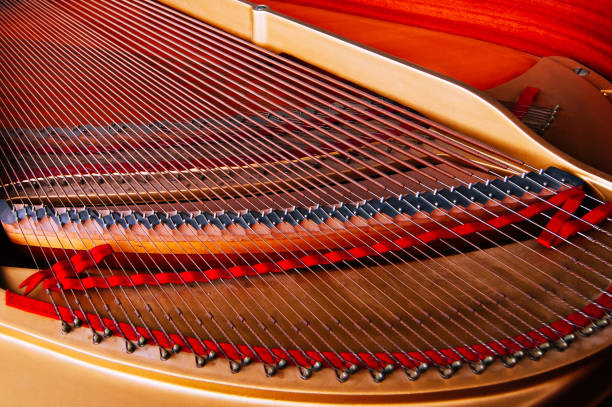 Inside wooden classic grand Piano mechanism with strings and keys details