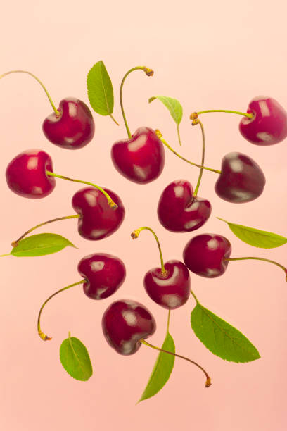 istock Cherry minimal background. Red summer cherry berries on a pink empty blue background. Summer fruits and food concept. 1248138159