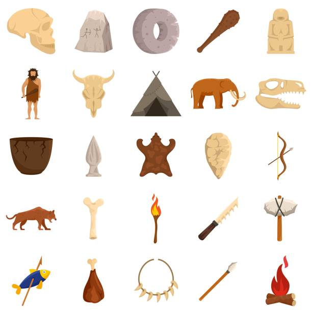 Stone age icons set, flat style Stone age icons set. Flat set of stone age vector icons for web design paleo stock illustrations