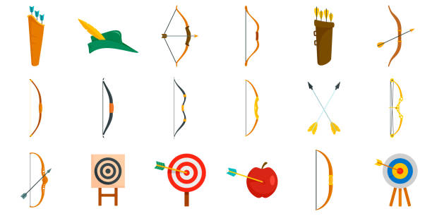 ilustraciones, imágenes clip art, dibujos animados e iconos de stock de conjunto de iconos de tiro con arco, estilo plano - bow and arrow