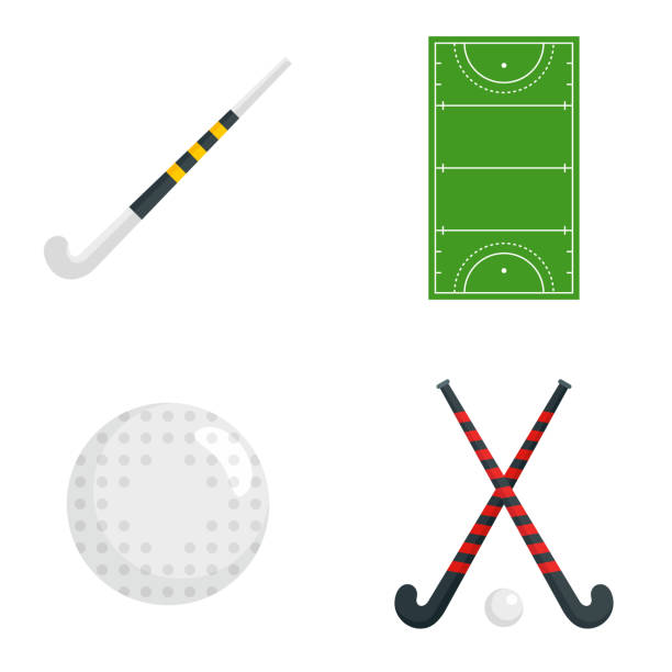 ilustraciones, imágenes clip art, dibujos animados e iconos de stock de conjunto de iconos de hockey de campo, estilo plano - hockey cesped