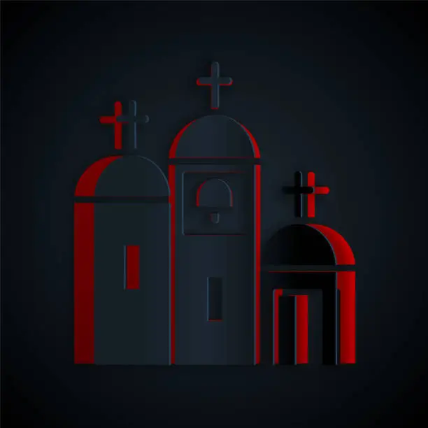 Vector illustration of Paper cut Church building icon isolated on black background. Christian Church. Religion of church. Paper art style. Vector Illustration