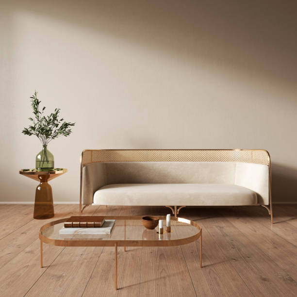 Beige interior with blank wall, sofa and decor. 3d render illustration mock up.
