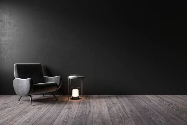 istock Black interior with blank wall, armchair and decor. 3d render illustration mock up. 1248146281