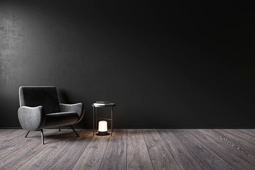 Black interior with blank wall, armchair and decor. 3d render illustration mock up.