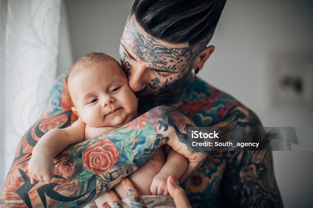 Father With Whole Body Covered In Tattoos Holding His Baby Son Stock Photo  - Download Image Now - iStock