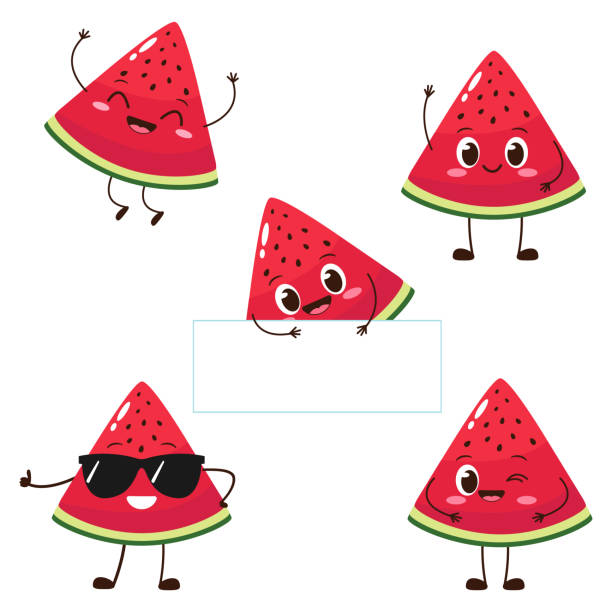 wassermelone scheibe charakter mit lustigen gesicht - cartoon watermelon stock-grafiken, -clipart, -cartoons und -symbole