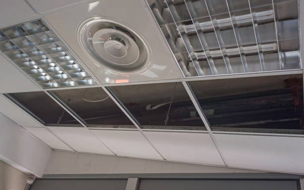 istock Construction worker performs a suspended ceiling maintenance with mineral fiber squares. 1248151826