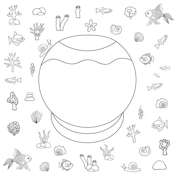 Vector illustration of Educational game for a child. Aquarium. Designer. They put their Pets in the house. Vector set. Outline on an isolated white background. Sketch Puzzle Coloring book. Fish, corals, seashells. Hand drawing styl