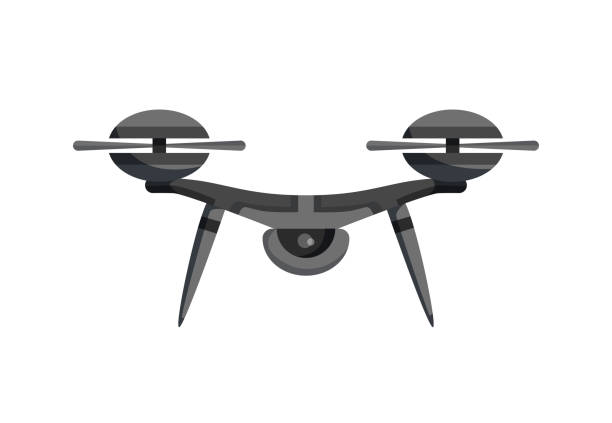 istock Quadrocopter drone. Air drone hovering. Aerial vehicle. Unmanned aircraft. Modern air gadjet, quadrocopter on remote control. Flat cartoon style of aircraft camera 1248153808