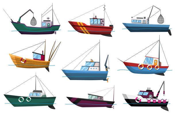 Collection Of Fishing Boats Side View Isolated On White Background