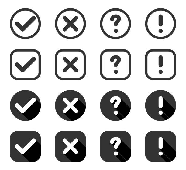 Botones. Marca de verificación y cruz con signos de pregunta y exclamación, aislado. Colección de signos en círculo y cuadrado en estilo plano para diseño web. Ilustración vectorial