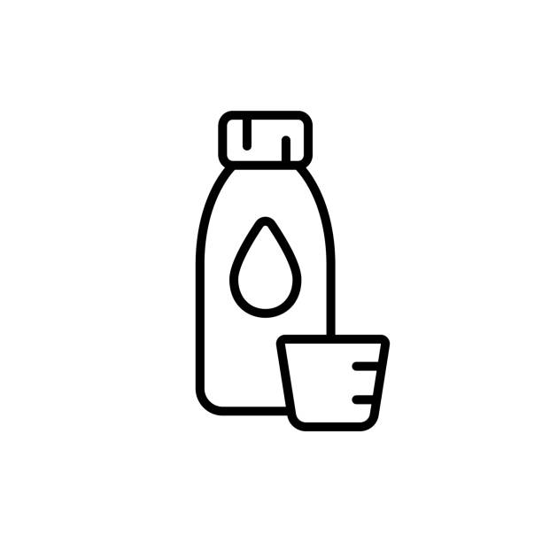 ilustrações, clipart, desenhos animados e ícones de garrafa de remédio líquido com copo de medição. - syrup
