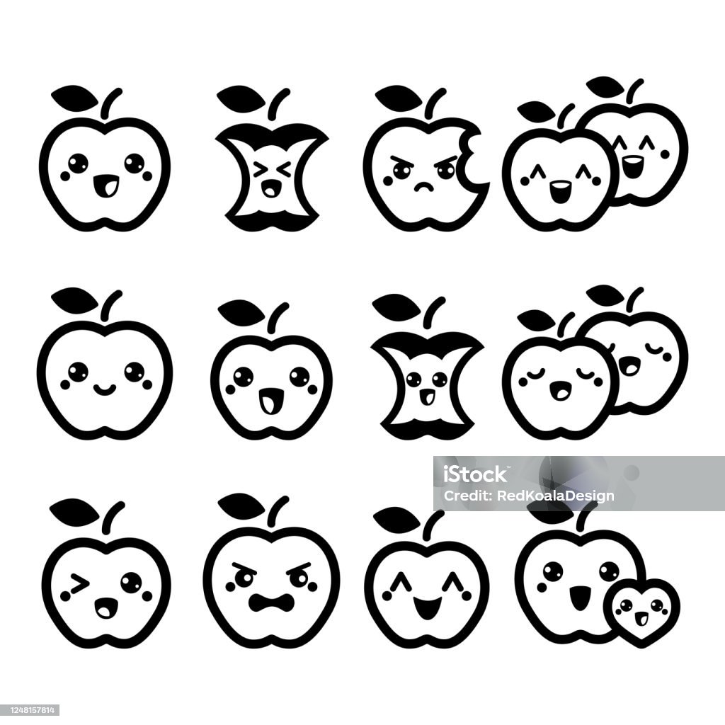 Bộ Biểu Tượng Vector Táo Kawaii Dễ Thương Trái Cây Táo Với Bộ ...