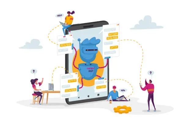 Vector illustration of Tiny Characters around Huge Mobile with Robot Assistant. Artificial Intelligence in Human Life. Chatbot Help Clients Online Answer Questions, Ai Cyborgs Faq Service. Cartoon People Vector Illustration