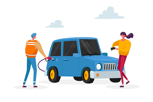 istock Characters on Gas Station, Worker Hold Filling Gun for Pouring Fuel Into Car. Woman Take Money from Purse. Petroleum Station Refueling Automobile Drivers Service. Cartoon People Vector Illustration 1248160401