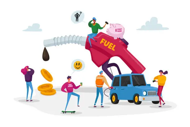 Vector illustration of Petrol Economy, Car Refueling on Fuel Station. Tiny Characters around Huge Pumping Gasoline Hose. Oil, Diesel Filling Service, Automotive Industry or Transportation. Cartoon People Vector Illustration