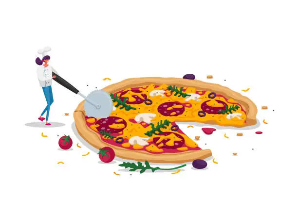 Vector illustration of Tiny Female Character in Chef Uniform Hold Special Knife Cut Huge Piece of Pizza with Olives, Mushrooms, Tomatoes and Sausage. Pizzeria Meal, Bistro Italian Food Cooking. Cartoon Vector Illustration