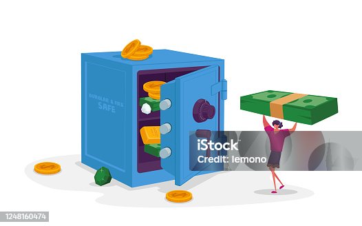 istock Tiny Female Character Carry Huge Dollar Bills to Bank Safe with Money, Gold Bars and Diamonds. Business Woman Making Investment, Cash Safety, Finance Protection, Deposit. Cartoon Vector Illustration 1248160474