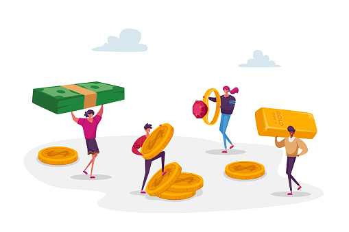 People Collecting and Saving Money Concept. Tiny Male and Female Characters Carry Huge Dollar Coins, Jewelry, Gold Bars and Dollar Banknotes. Financial Success, Investment. Cartoon Vector Illustration