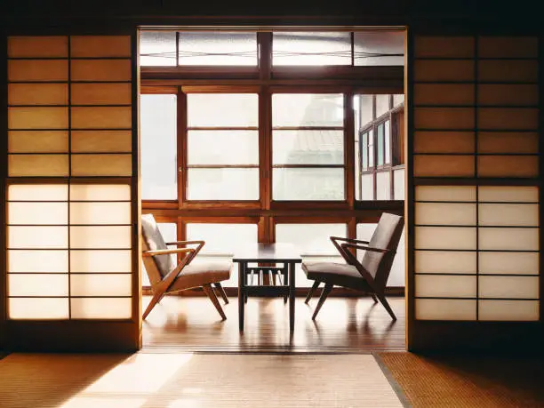 Ryokan Japanese Inn Traditional room Interior with retro chair Vintage tone Asia Travel