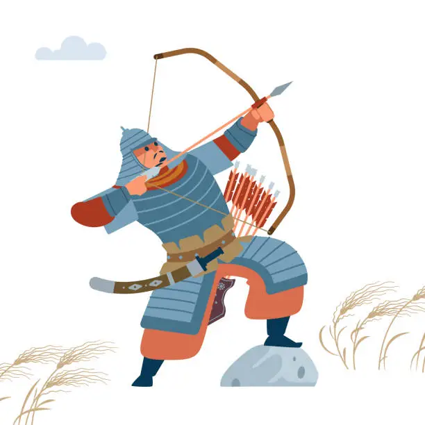 Vector illustration of Mongol warrior archer with arrow and bow. Isolated vector flat illustration.