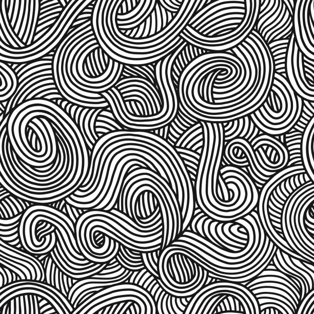 Noodle doodle Noodle doodle, hand-drawn seamless pattern. Black wavy lines on a white background pasta stock illustrations