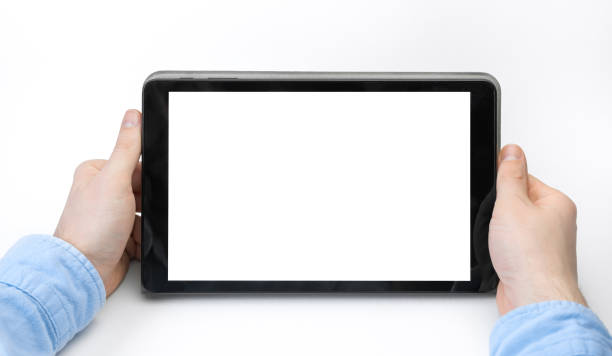 istock Male hands holding digital tablet blank screen horizontally on white background. Take your screen to put on advertising 1248170054