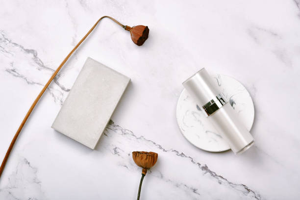 istock Cosmetic bottle containers on marble background, Blank label package for branding mock-up, Natural organic beauty product concept, Research and development of purified botany skincare. 1248170346