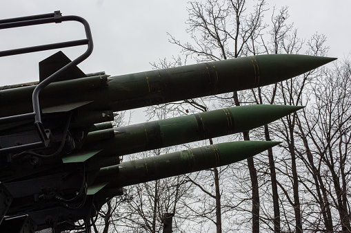 Air defense missile system on self propelled launching weapon. Vintage style. Siluete of air defense missile system, silhouette