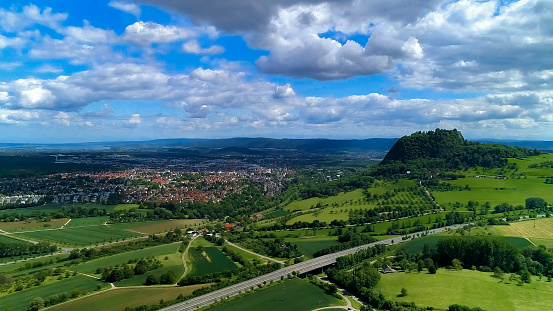 Top view of the city of Singen in Germany. Hegau district, where the ruins of an old castle on a volcano.