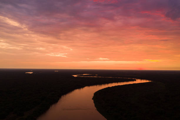 This aerial sunset image was taken above the magnificent Cuiaba river that located along the Pantanal, Brazil.