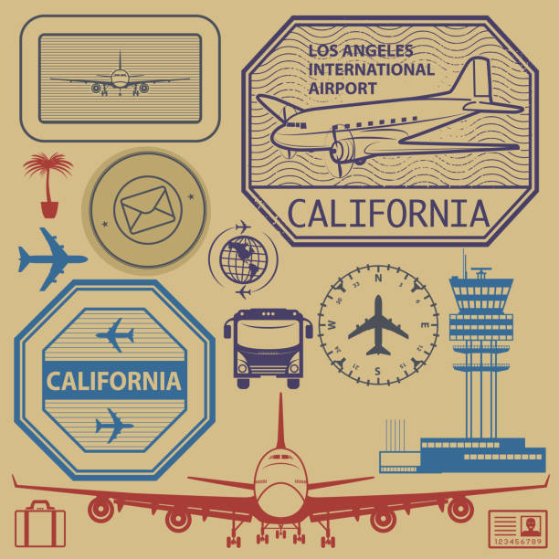 Retro postage USA airport stamps set, Los Angeles, California theme, vector illustration