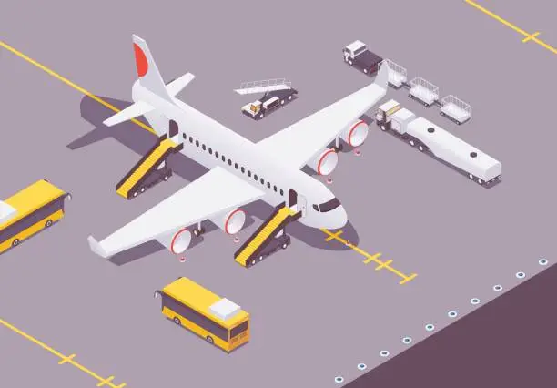 Vector illustration of Isometric plane at the airport after landing. Loading cargo and baggage, people, airplane ground service cars around. Concept scene