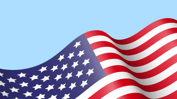 ilustrações de stock, clip art, desenhos animados e ícones de waving flag of united states of america on blue background . 3d vector illustration . - american flag usa flag curve